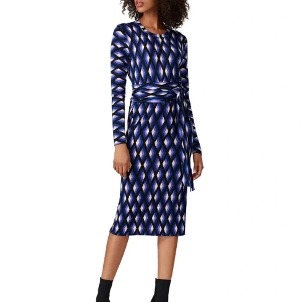 Diane Von Furstenberg Gabel Dress Geometric Merino Wool Belted Small